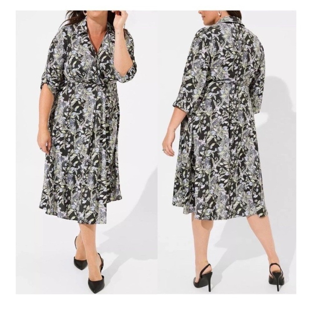 Torrid Floral Midi Studio Crepe De Chine Collared Shirt Dress Size 3 Black Pink